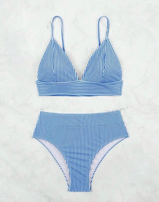 Damen Hochgeschnittener Bikini mit elegantem Streifenmuster R&B