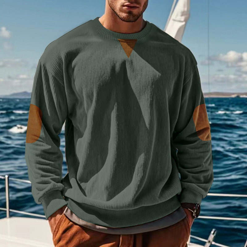 Herren Grobstruktur Pullover mit Ellbogenpatches und Rundhalsausschnitt R&B