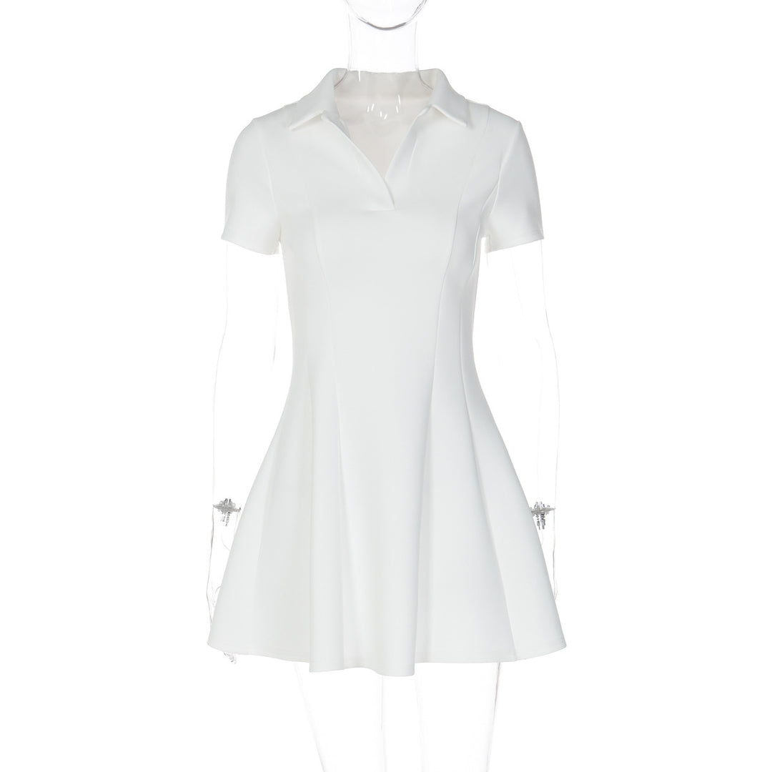 Damen Kurzarm Kleid mit modischem Polokragen und fließendem Schnitt R&B