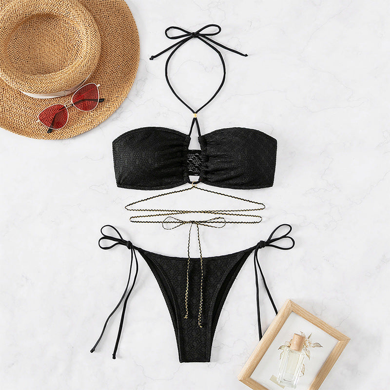 Damen Bandeau-Bikini mit dekorativem Kettenakzent und verstellbaren Bindändern