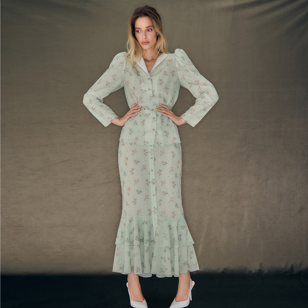 Damen Blütenmuster Maxikleid mit Puffärmeln R&B