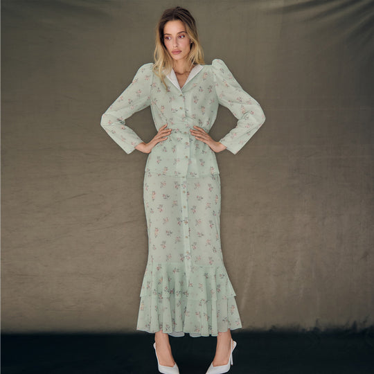 Damen Blütenmuster Maxikleid mit Puffärmeln R&B