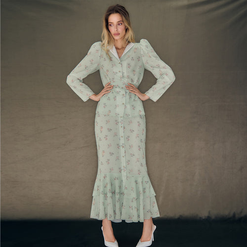 Damen Blütenmuster Maxikleid mit Puffärmeln R&B