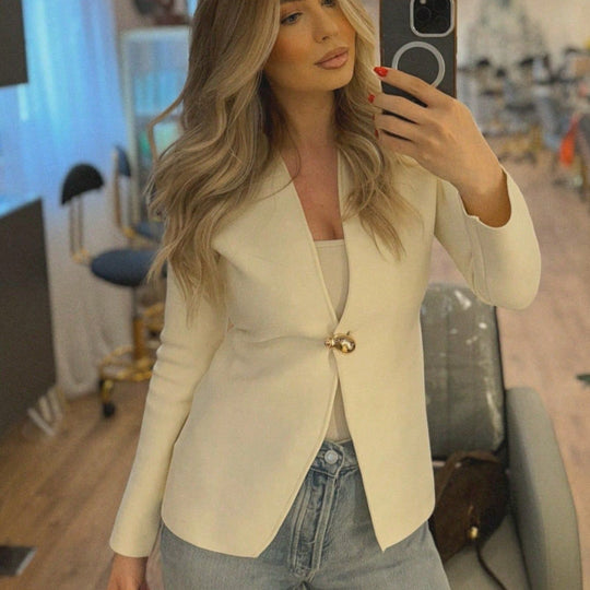 Damen elegante Blazerjacke mit asymmetrischem Schnitt und auffälligem Knopf R&B