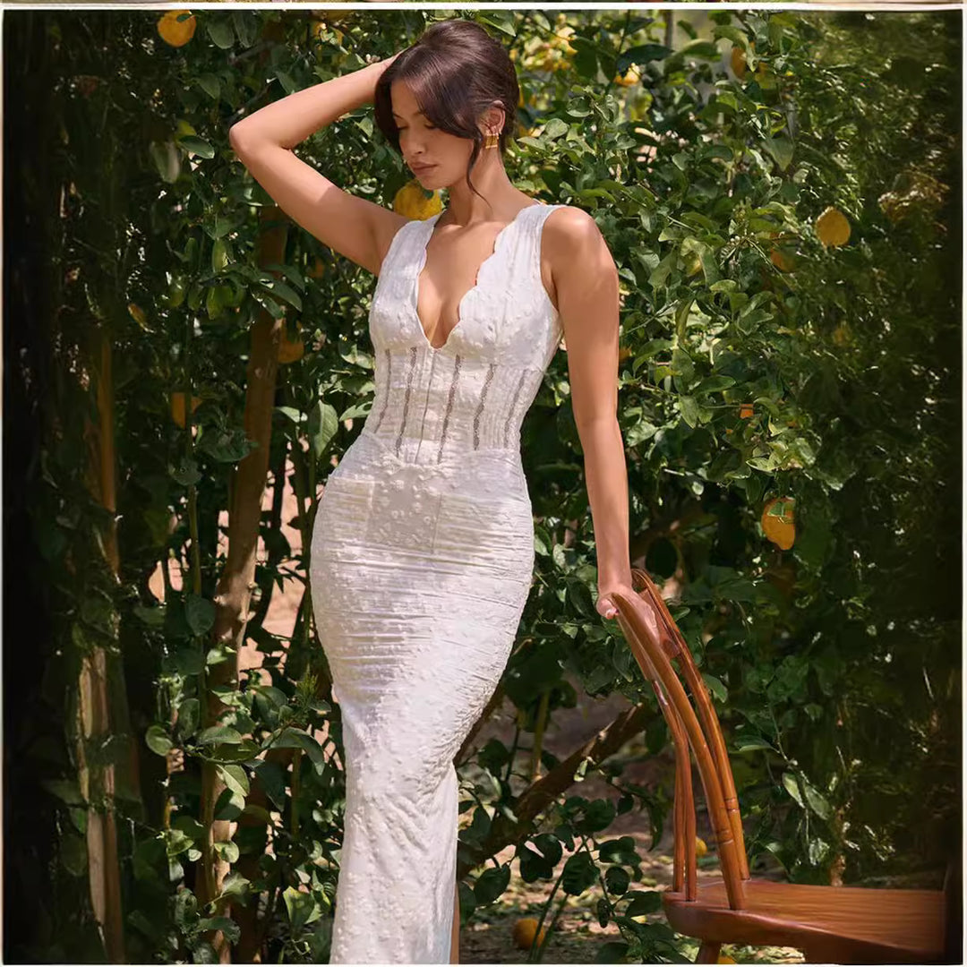 Damen Figurbetontes Spitzenkleid mit tiefem V-Ausschnitt und schimmernden Details R&B