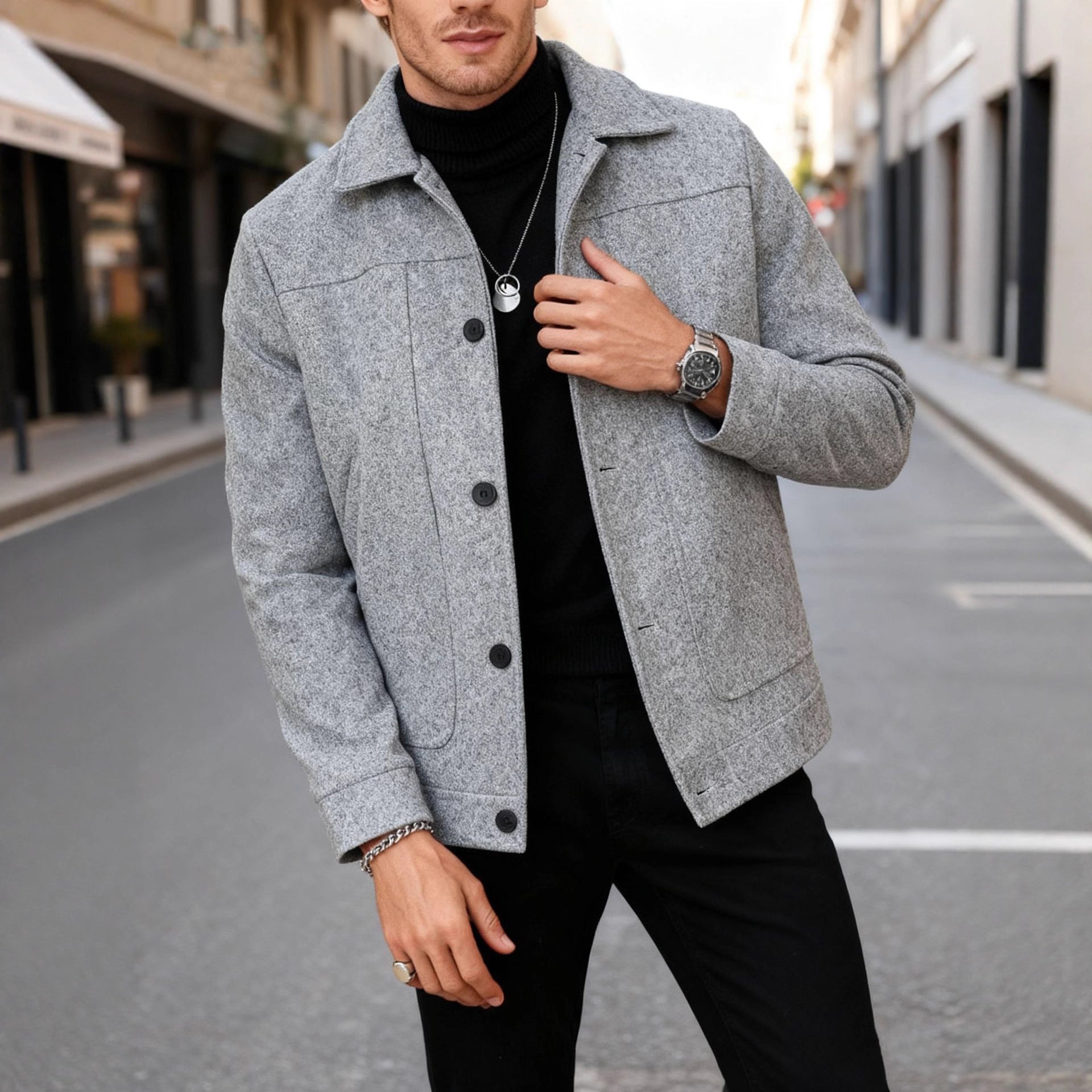 Herren nan moderner Trucker-Overshirt aus Velourslederimitat mit Ziernähten und aufgesetzten Taschen R&B