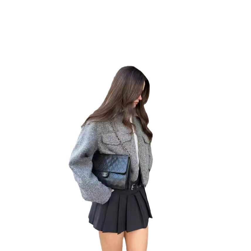Damen cropped Winterjacke mit klassischem Kragen und Brusttaschen R&B