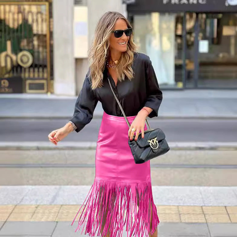 Damen Fuchsia-Fransenrock aus Kunstleder mit figurbetonter Silhouette und schwingendem Design R&B