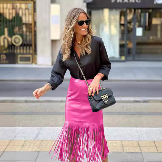 Damen Fuchsia-Fransenrock aus Kunstleder mit figurbetonter Silhouette und schwingendem Design R&B