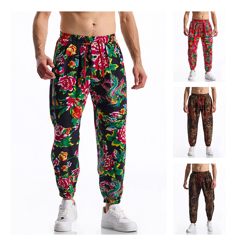 Herren lässige Haremshose mit buntem Blumenmuster und Gummizug R&B