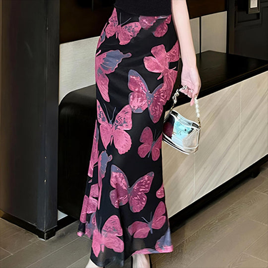 Damen Elegantes Maxikleid mit floralen Schmetterlingsmustern und transparentem Saum R&B