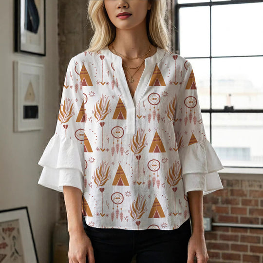 Damen Bluse mit voluminösen Rüschenärmeln und modernem Motiv R&B