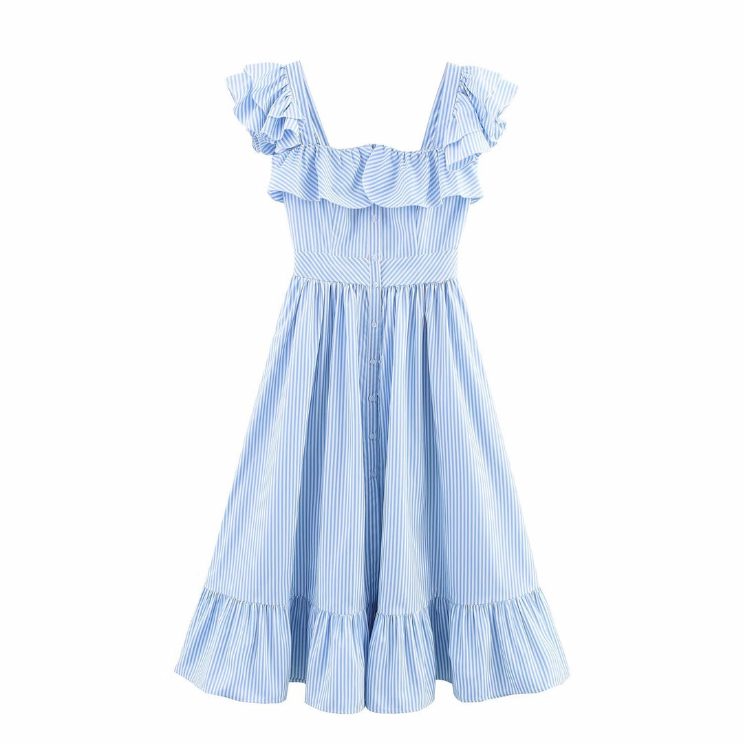 Damen Maxikleid mit voluminösem Rüschen-Design und Knopfverschluss R&B
