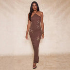 Damen elegantes Maxikleid mit schimmerndem Strickmuster