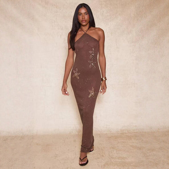 Damen elegantes Maxikleid mit schimmerndem Strickmuster R&B