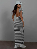 Damen Maxikleid mit offenem Rücken und Stripes
