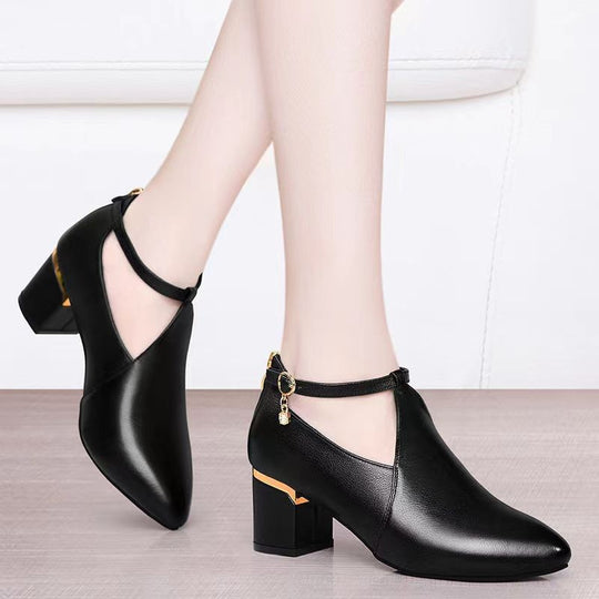 Damen nan spitz zulaufende Pumps mit Cut-Out, Knöchelriemchen, Fersenreißverschluss und mittelhohem Blockabsatz R&B