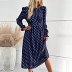 Damen Midi-Kleid mit eleganten Puffärmeln und punktiertem Design