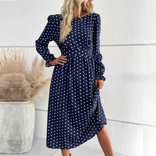 Damen Midi-Kleid mit eleganten Puffärmeln und punktiertem Design R&B
