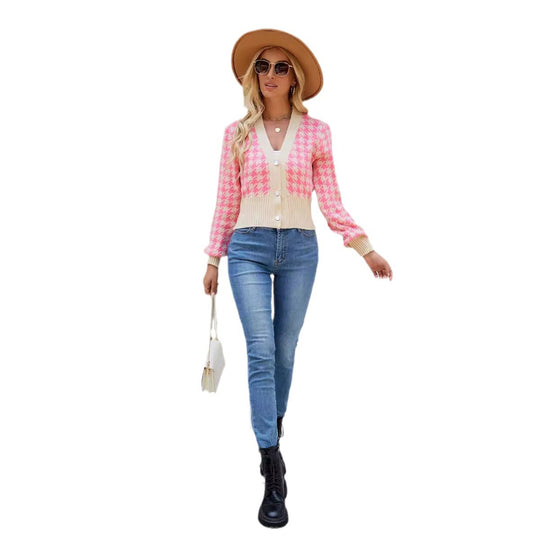 Damen modische Strickjacke mit klassischem Hahnentrittmuster und Knopfverschluss R&B