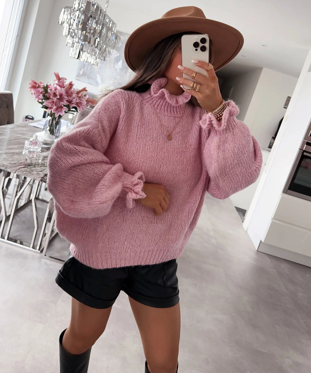 Damen kuscheliger Rollkragenpullover mit weiten Ärmeln und strukturellem Design R&B