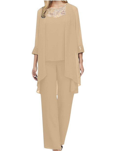 Damen nan fließendes Chiffon-Abendensemble mit Spitzenbesatz, Kimono-Cardigan und weiter Palazzohose R&B
