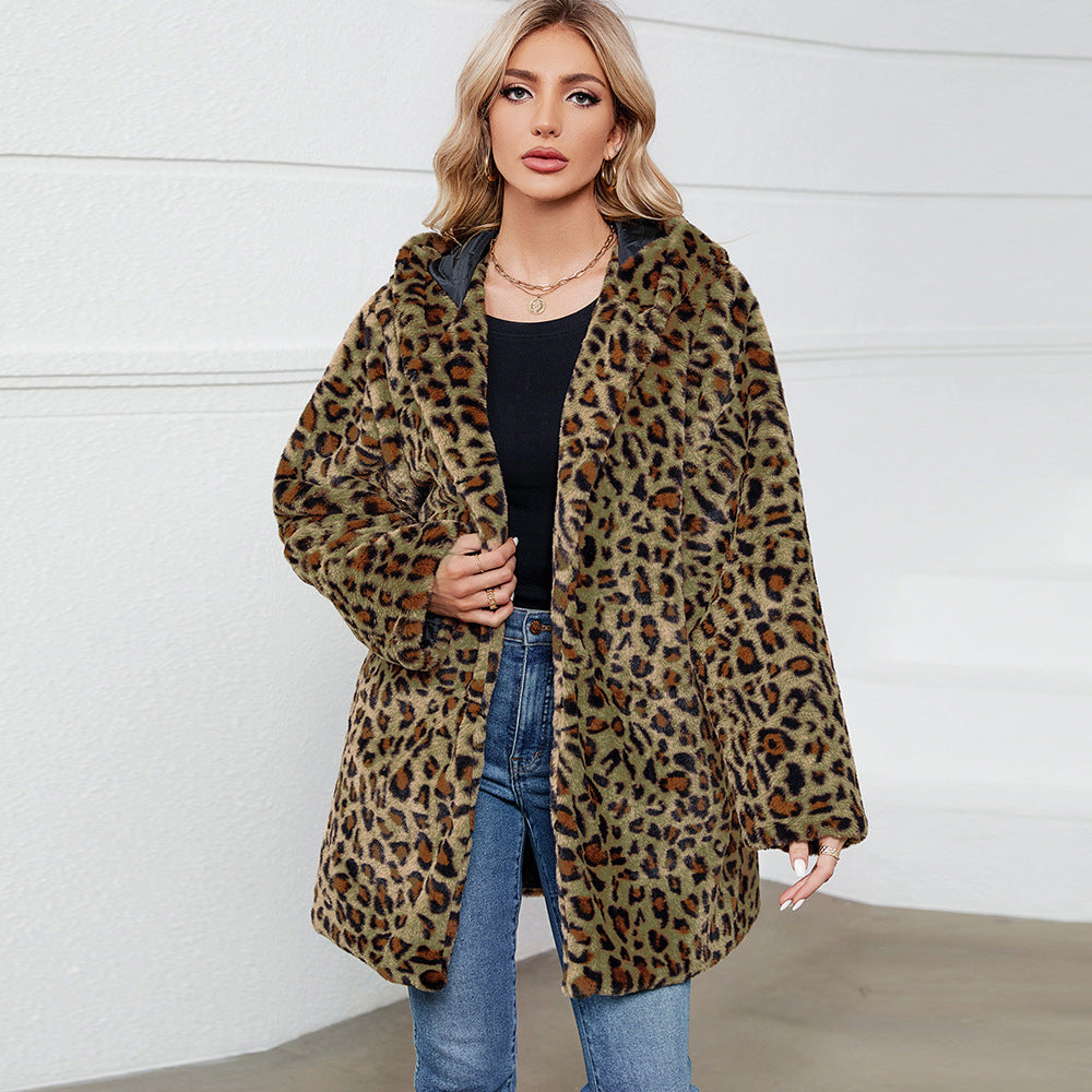 Damen Flauschige Jacke mit modernem Leopardenmuster und bequemen Taschen R&B