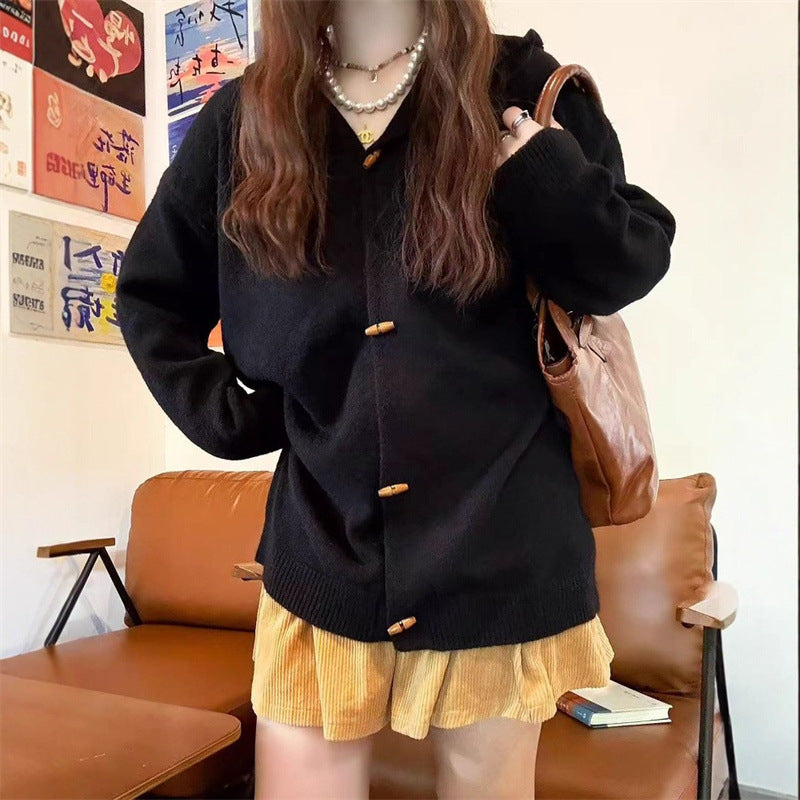Damen stylische Strickjacke mit Kapuze und dekorativen Knöpfen R&B