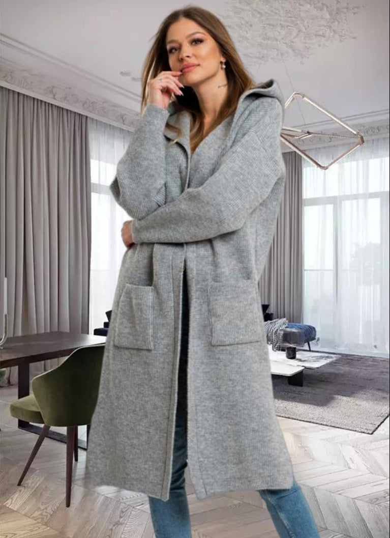 Damen Strickmantel mit Kapuze und großen Taschen R&B