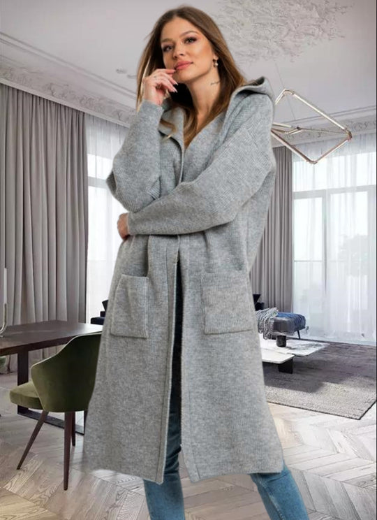 Damen Strickmantel mit Kapuze und großen Taschen R&B
