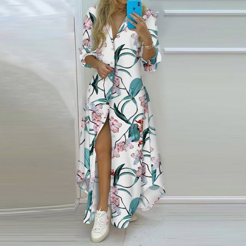Damen Maxikleid mit Aufdruck im Zeitungslayout und seitlichem Schlitz R&B