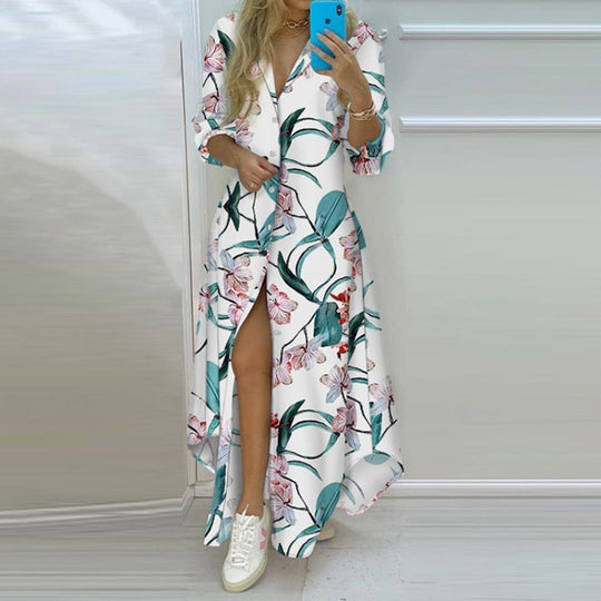 Damen Maxikleid mit Aufdruck im Zeitungslayout und seitlichem Schlitz R&B
