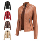 Damen nan schlanke Kunstlederjacke im Bikerstil mit Stehkragen und formenden Abnähern R&B