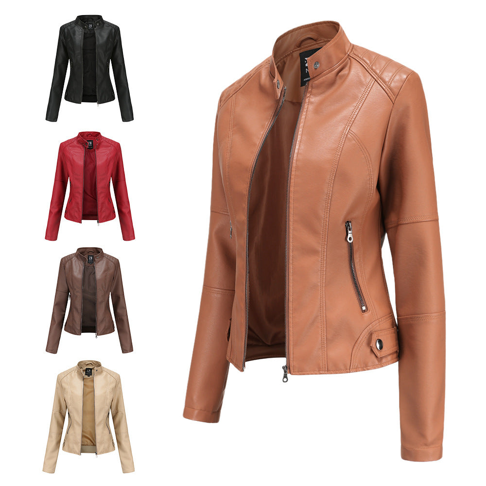 Damen nan schlanke Kunstlederjacke im Bikerstil mit Stehkragen und formenden Abnähern R&B