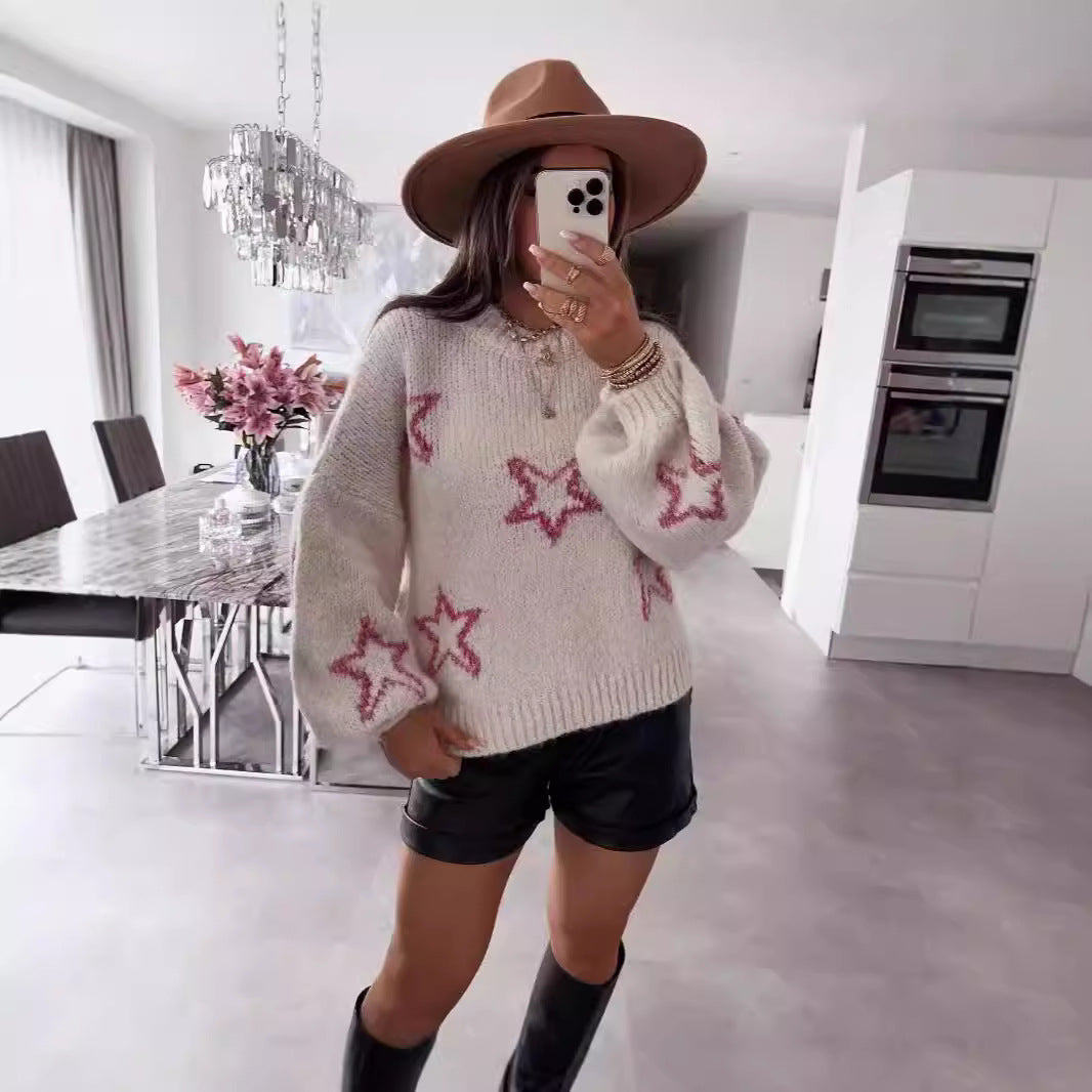 Damen Strickpullover mit Sternen-Design und weit ausgestellten Ärmeln R&B
