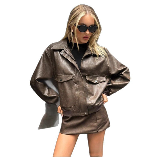 Damen Lässige und stylische Kunstlederjacke mit praktischen Taschen R&B