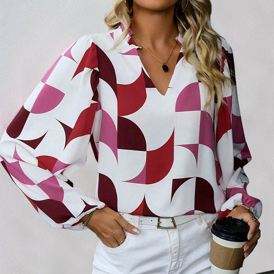 Damen Bluse mit Modischem V-Ausschnitt und Einzigartigem Muster R&B