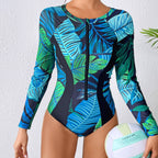 Damen Sportlicher Langarm Badeanzug mit floralem Druck R&B