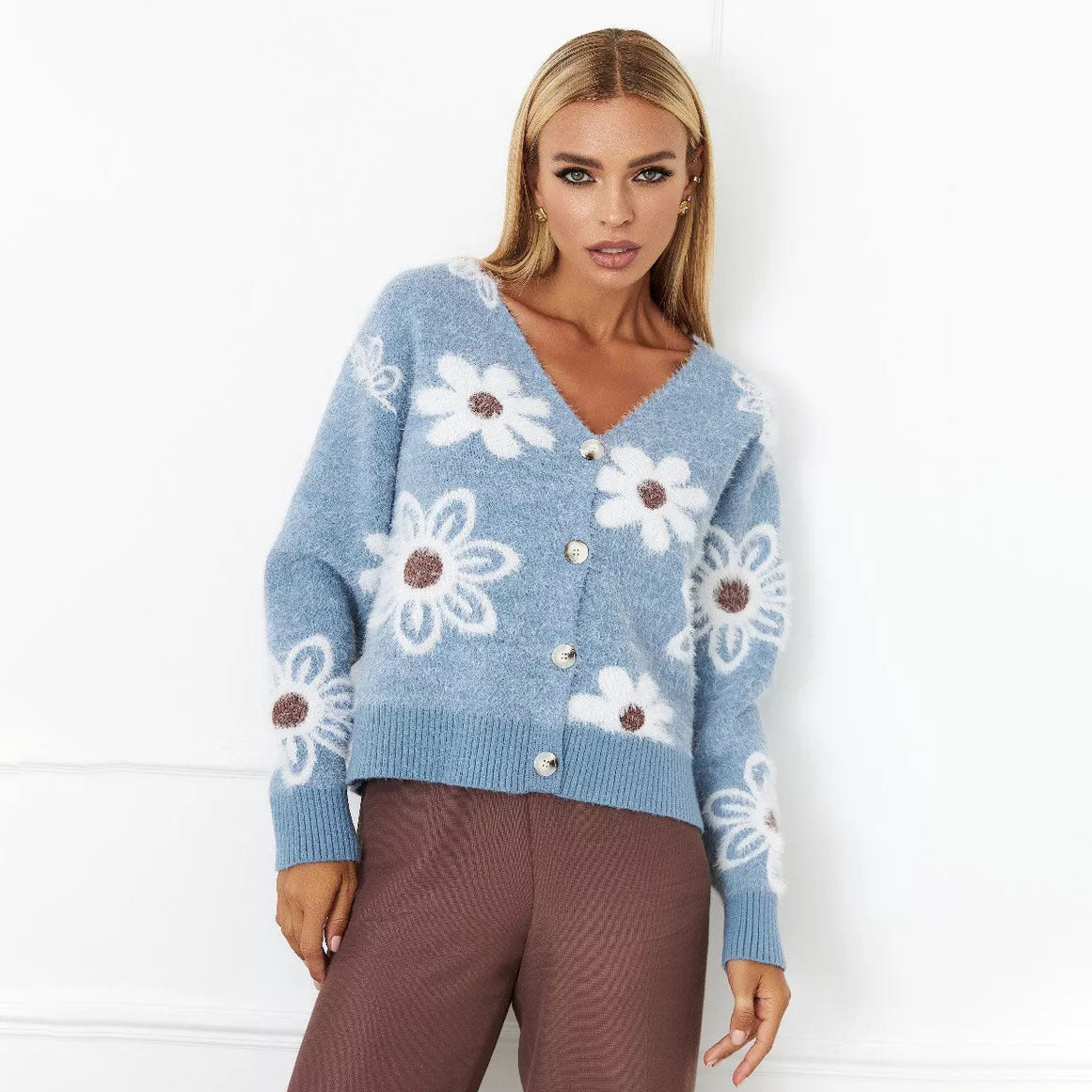 Damen Modische Strickjacke mit Blumenmuster