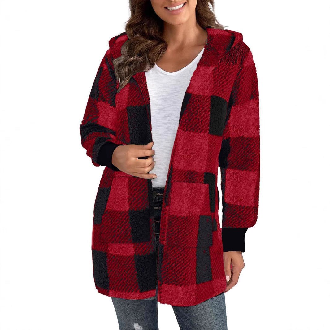 Damen Fleecejacke mit Karomuster und Kapuze R&B