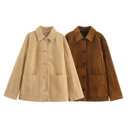 Damen lässige Wildlederjacke mit praktischen Taschen und modischem Schnitt R&B