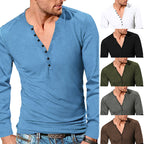 Herren nan langärmeliges Henleyshirt mit tiefer V-Knopfleiste, schmalem Slimfit und leichter Baumwollmischung R&B