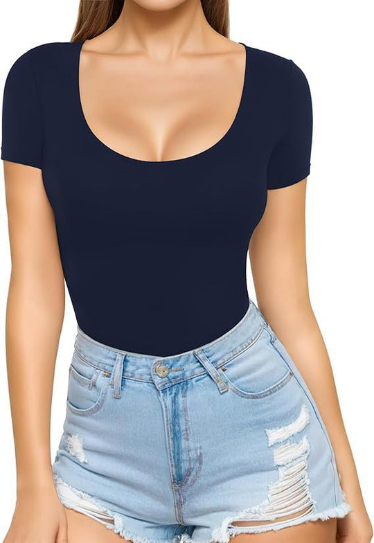 Damen figurbetontes Kurzarm-Body mit rundem Ausschnitt und nahtlosem Design R&B