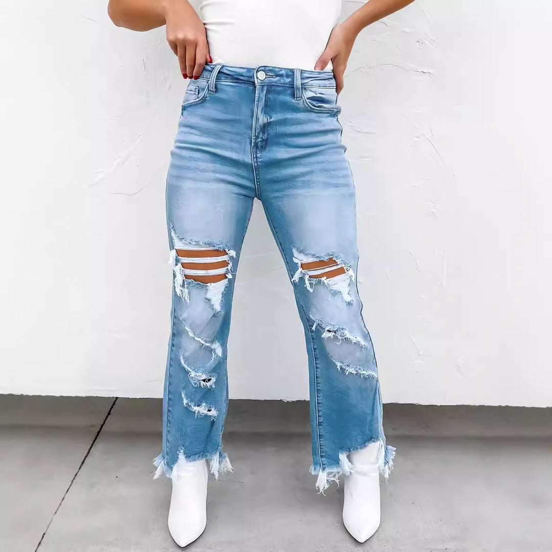 Damen Flared Jeans mit modischen Destroyed-Details und hoch geschnittenem Bund R&B