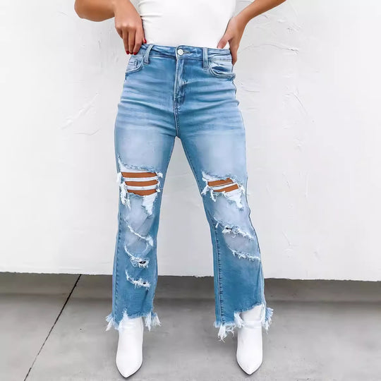 Damen Flared Jeans mit modischen Destroyed-Details und hoch geschnittenem Bund R&B