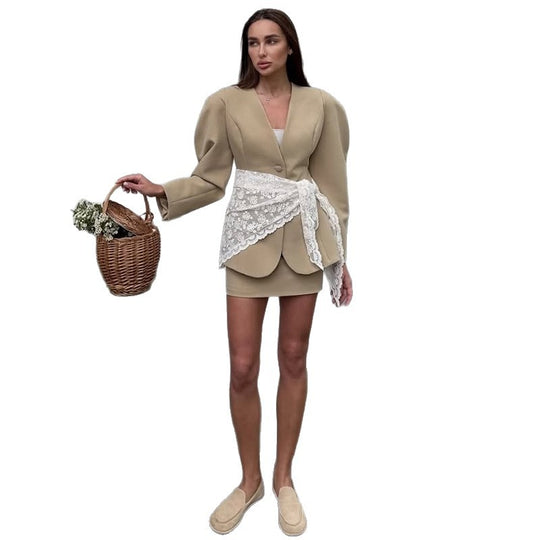 Damen modisches Blazer-Kleid mit hochgeschlossenem Kragen und Rüschendetails R&B
