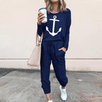 Damen lässiger Freizeitanzug mit Anker-Print und bequemen Taschen R&B