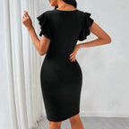 Damen figurbetontes Minikleid mit schickem V-Ausschnitt und Rüschendetails R&B