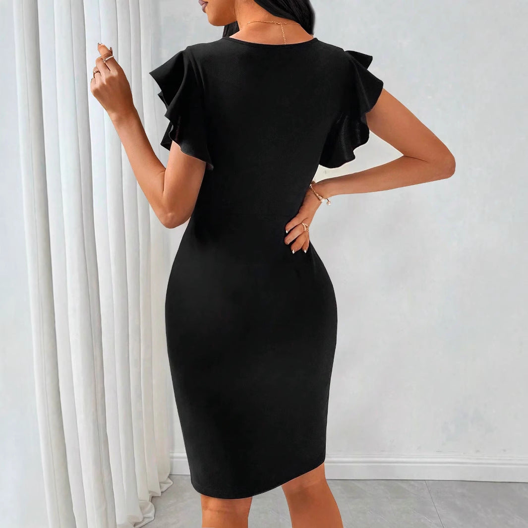 Damen figurbetontes Minikleid mit schickem V-Ausschnitt und Rüschendetails R&B