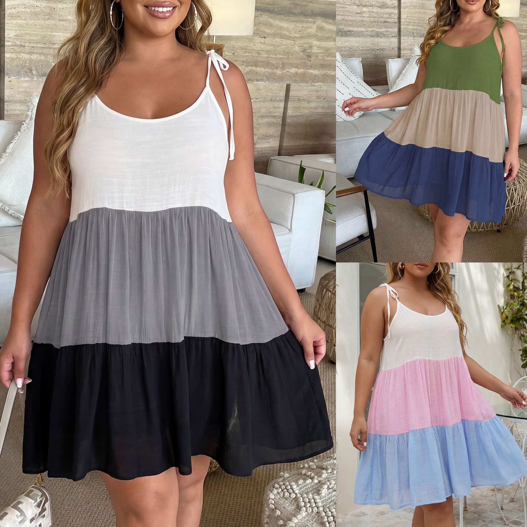 Damen luftiges Sommerkleid mit mehrfarbigen Rüschen und verstellbaren Trägern R&B